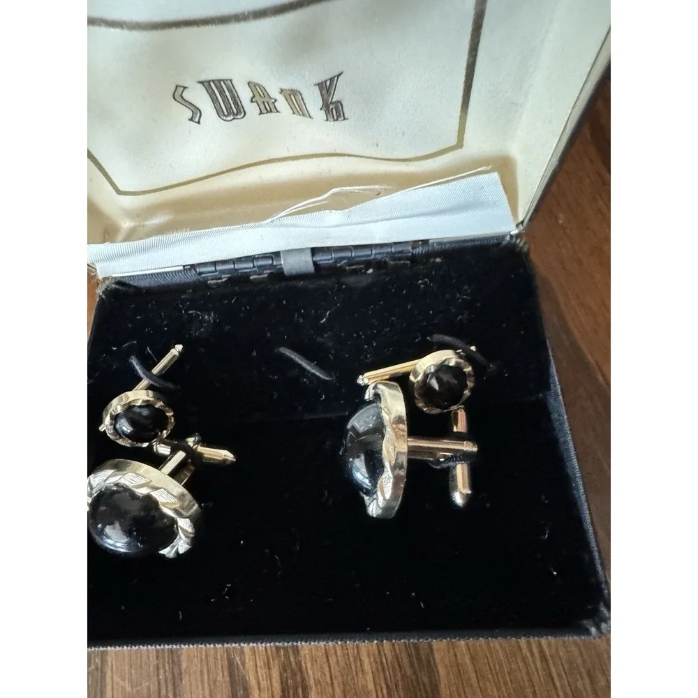 SWANK Men's Black Onyx Cufflinks Pair & 2 Tuxedo Pin‎ Set In Black Box Gold Tone